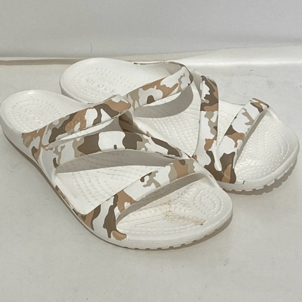 Crocs Kadee II Women's Camo Slide Slip On Wedge Sandals White Brown Size W5